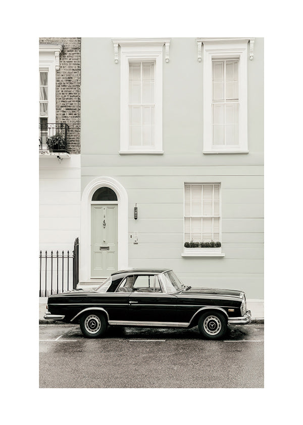 Impression vintage voiture classique devant une façade urbaine