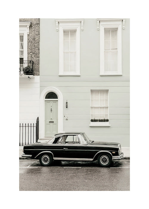 Impression vintage voiture classique devant une façade urbaine