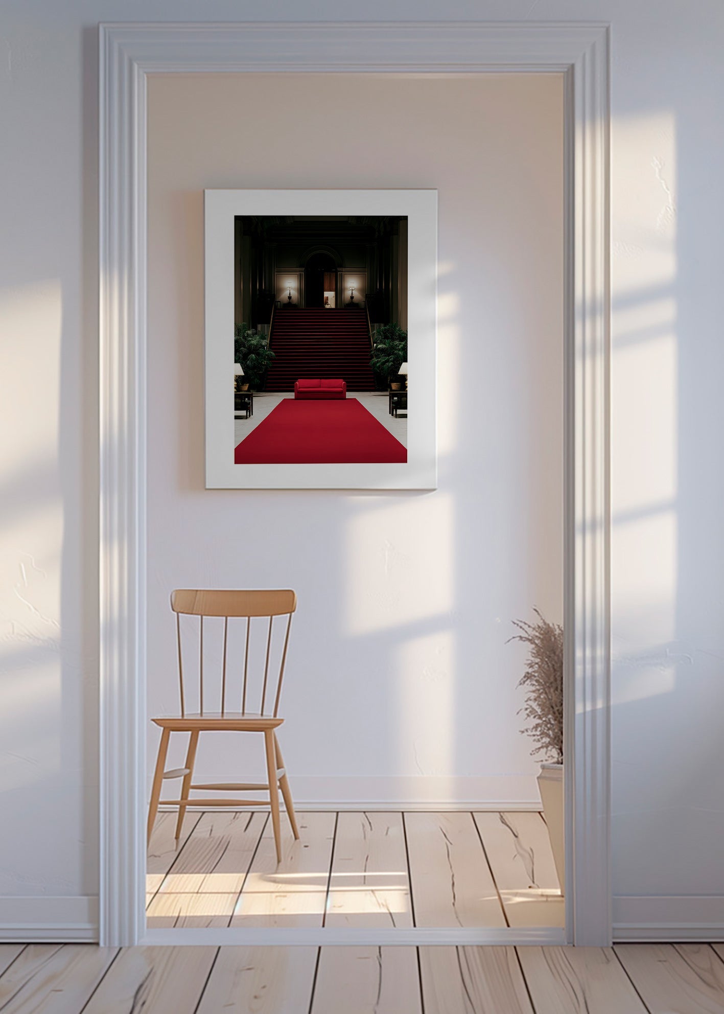 Photographie d'escalier avec tapis rouge