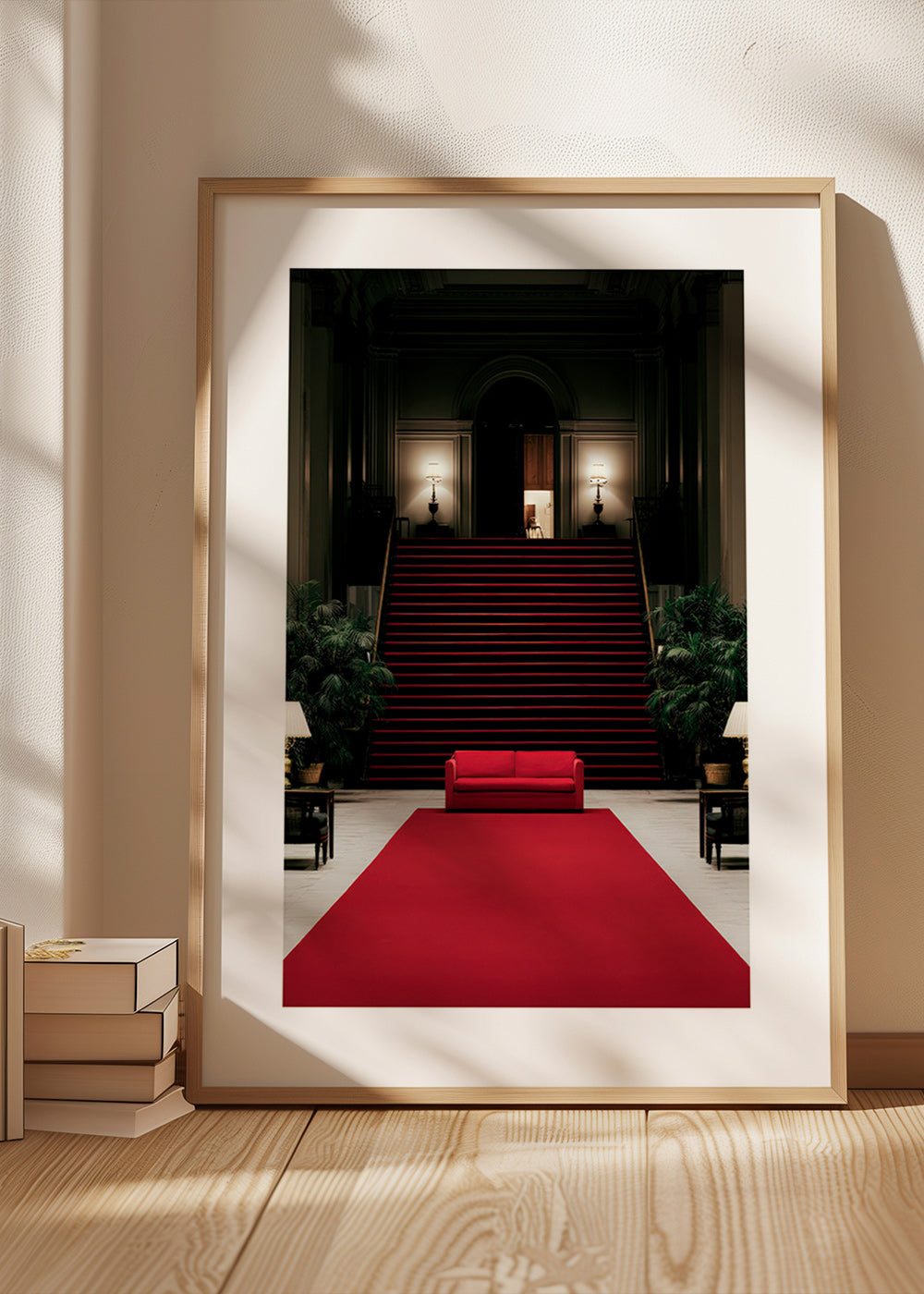 Photographie d'escalier avec tapis rouge
