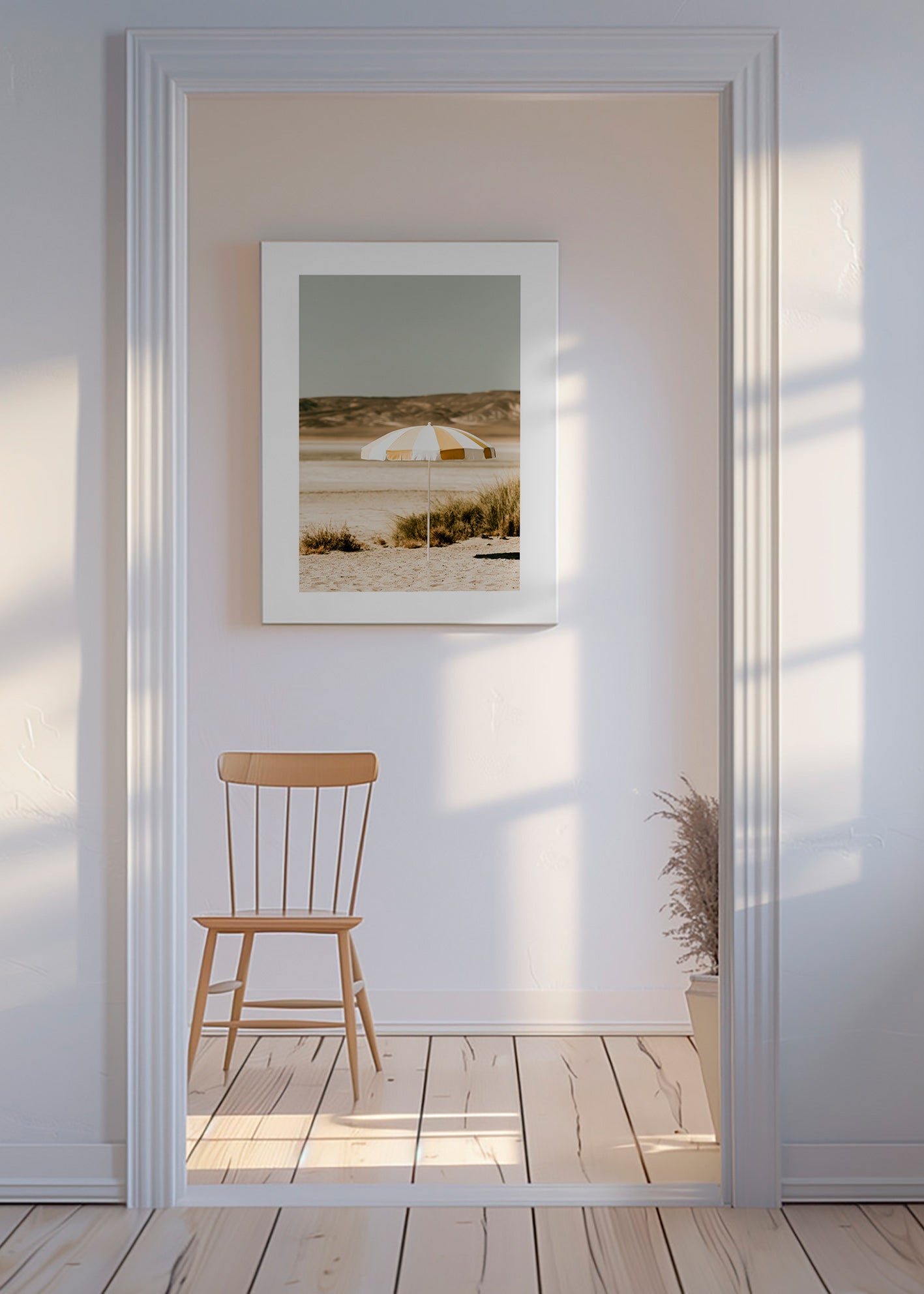 Art de paysage avec parasol de plage rayé