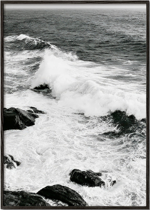 Tableau de paysage marin en noir et blanc avec vagues