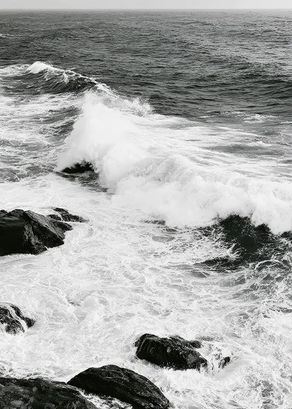 Tableau de paysage marin en noir et blanc avec vagues