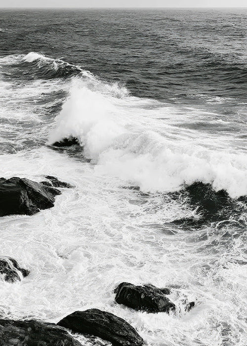 Tableau de paysage marin en noir et blanc avec vagues