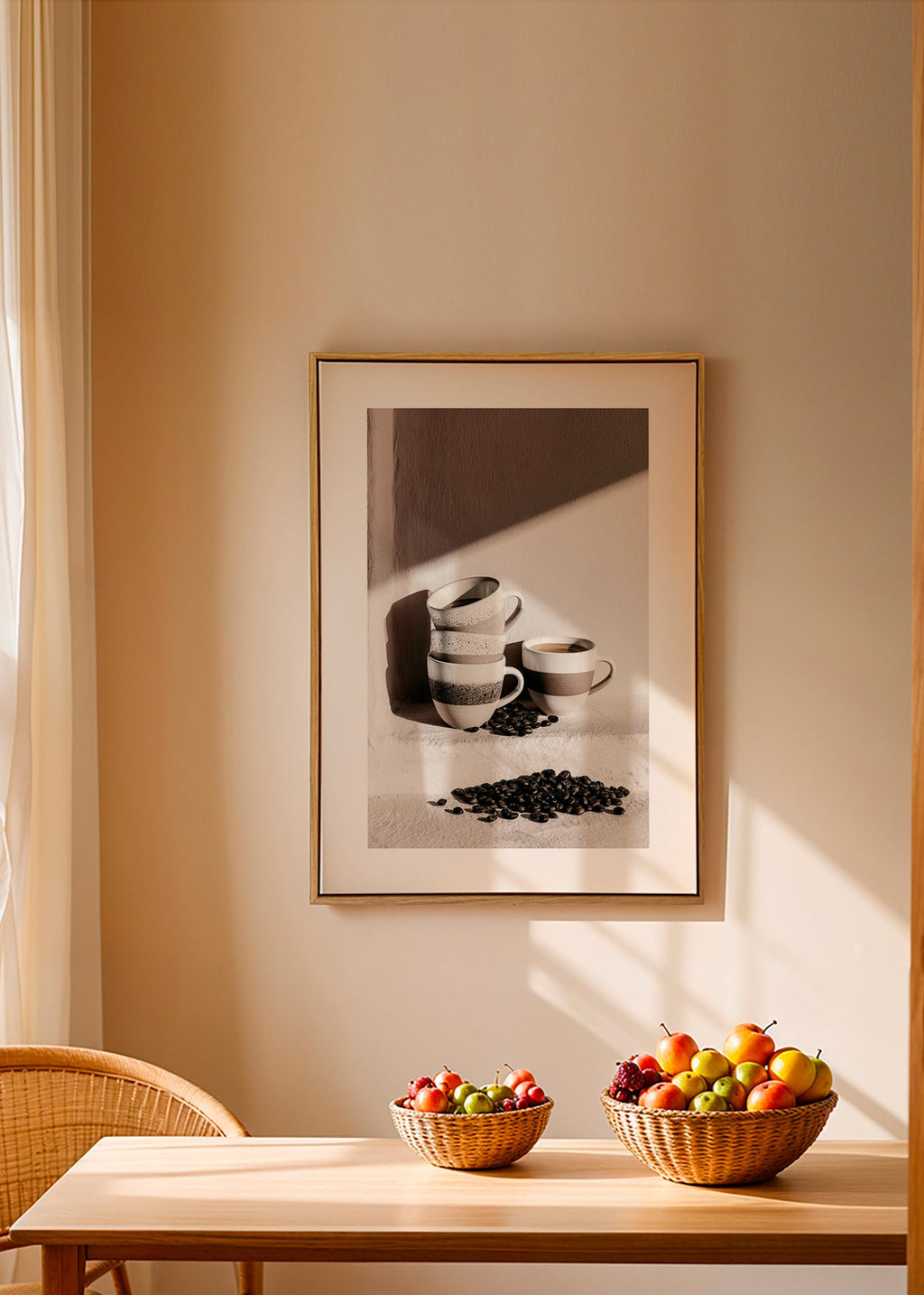 Art de cuisine avec tasses empilées et grains de café