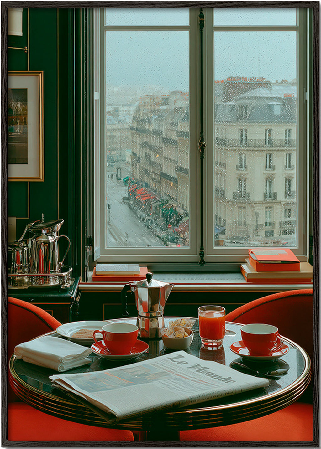 Art de cuisine con fenêtre parisienne et café