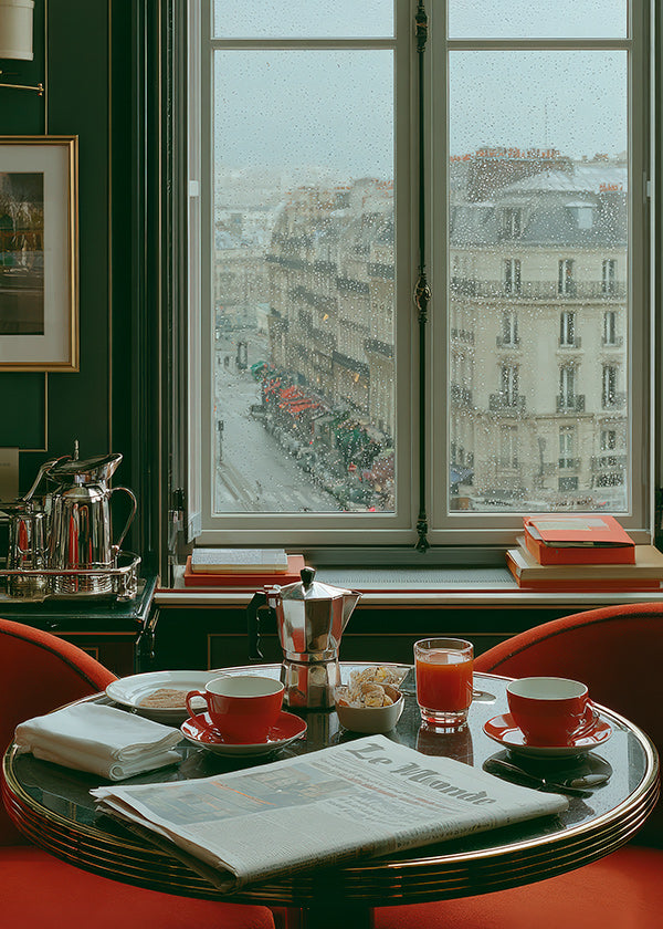 Art de cuisine con fenêtre parisienne et café