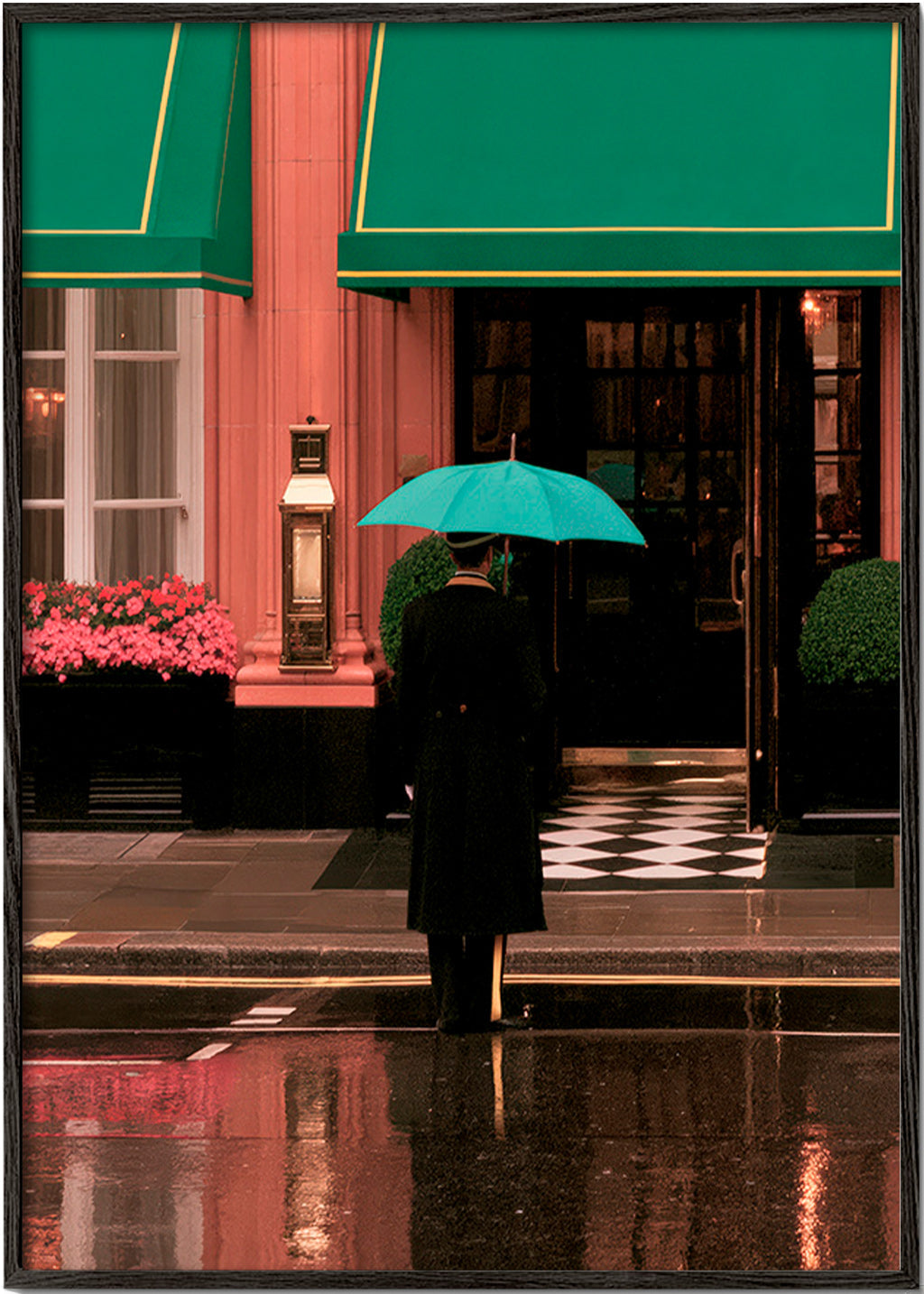 Photographie urbaine: silhouette sous parapluie et reflets