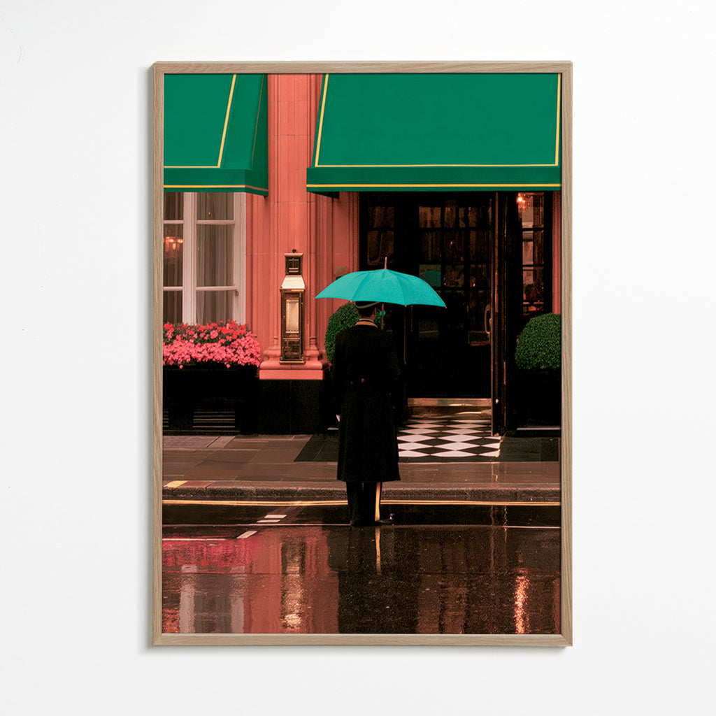 Photographie urbaine: silhouette sous parapluie et reflets