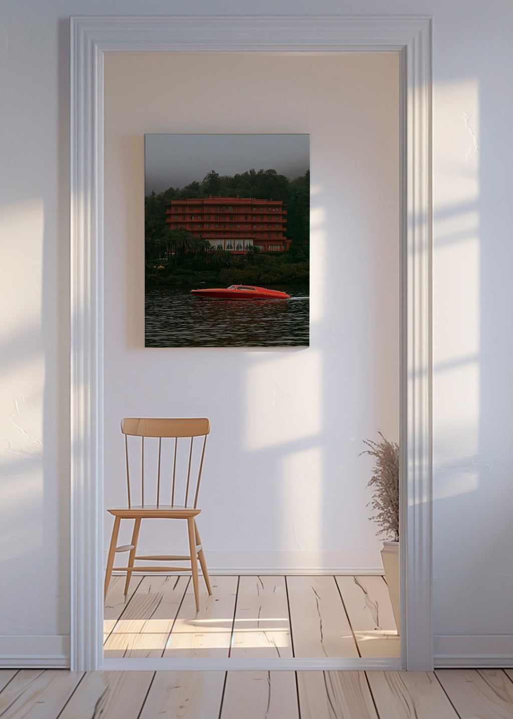 Tableau de paysage avec hôtel rouge et bateau