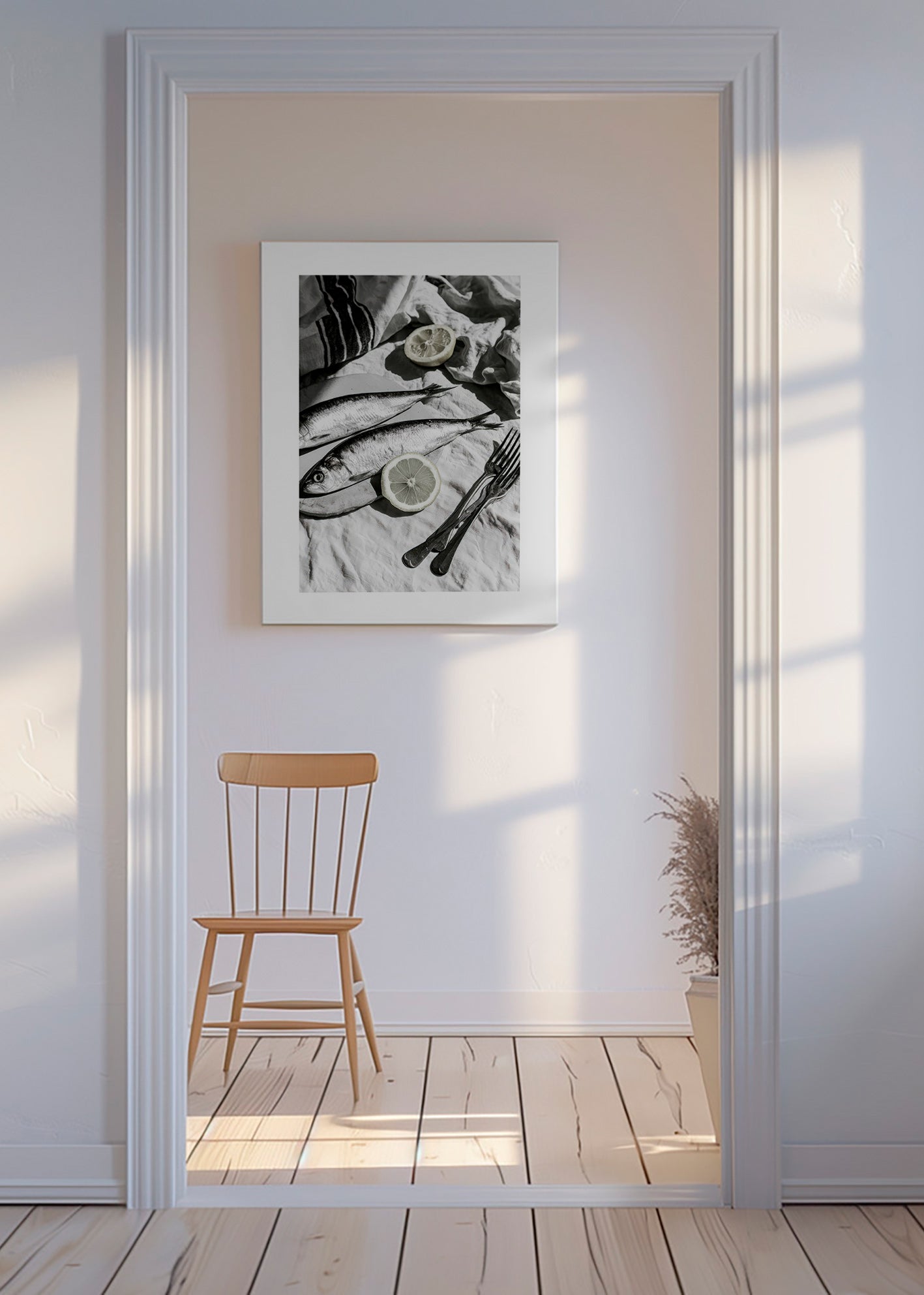 Art de cuisine: nature morte sardines et citron noir et blanc