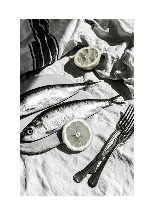 Art de cuisine: nature morte sardines et citron noir et blanc