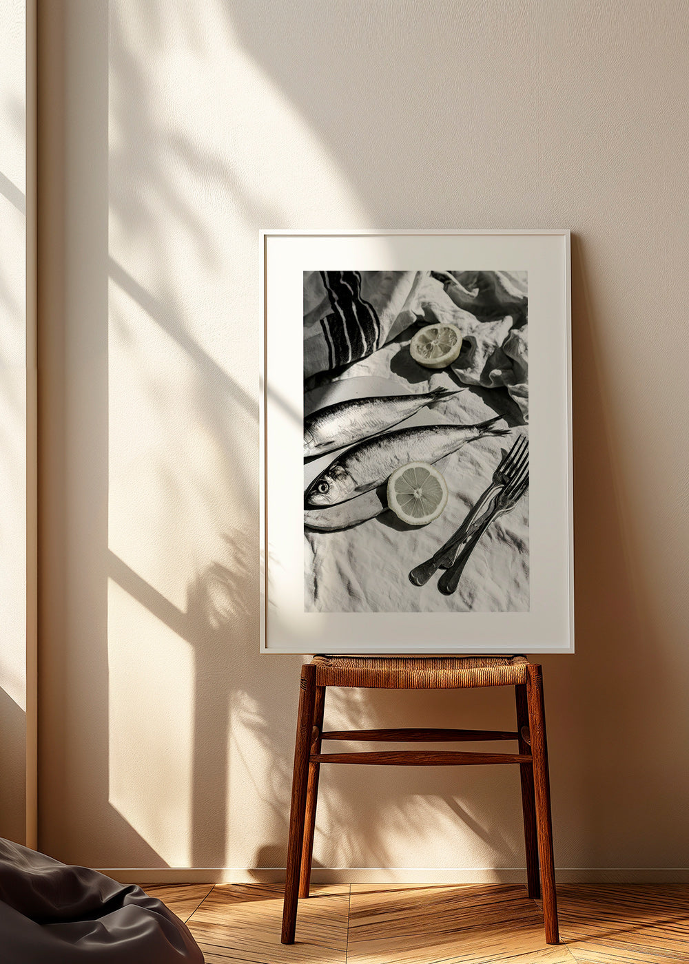 Art de cuisine: nature morte sardines et citron noir et blanc