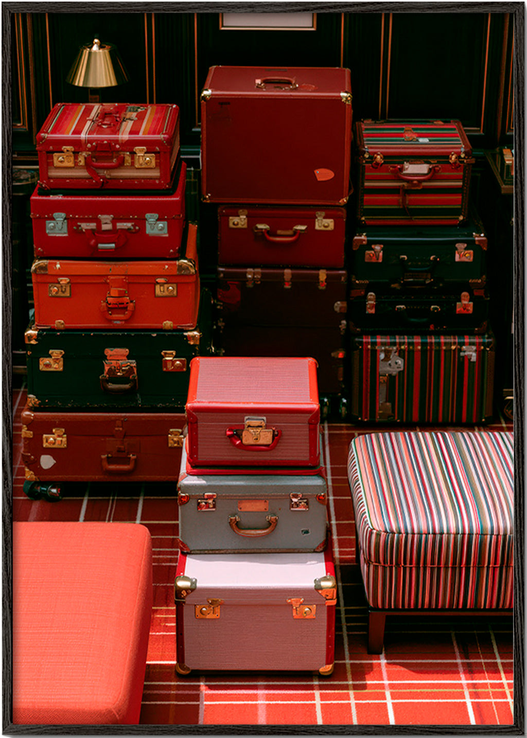 Affiche de voyage avec valises rouges empilées