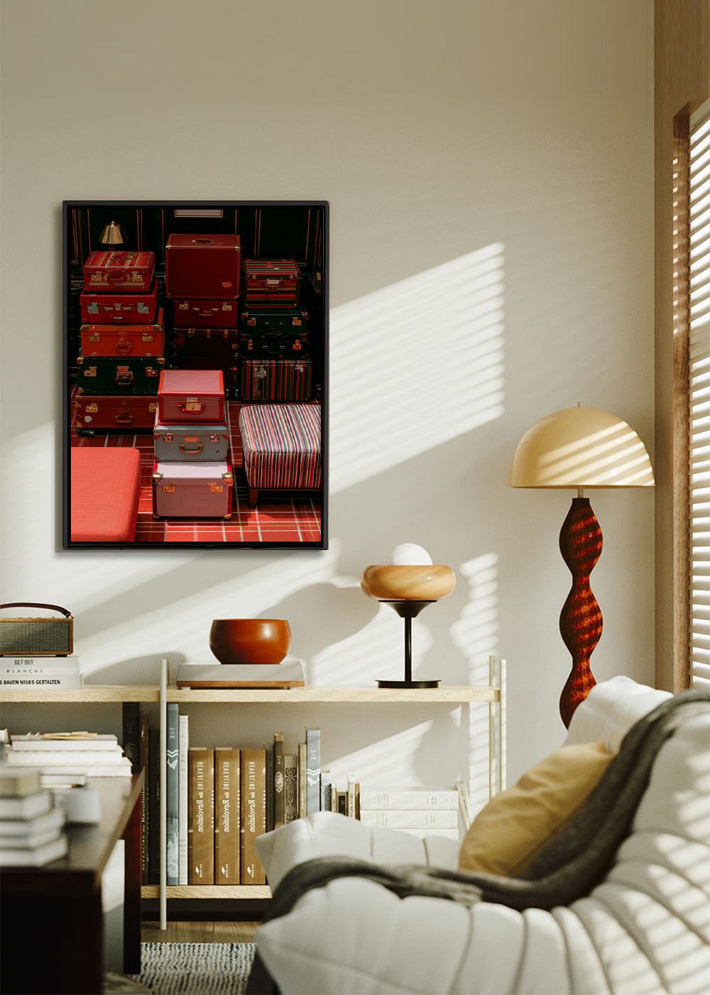 Affiche de voyage avec valises rouges empilées