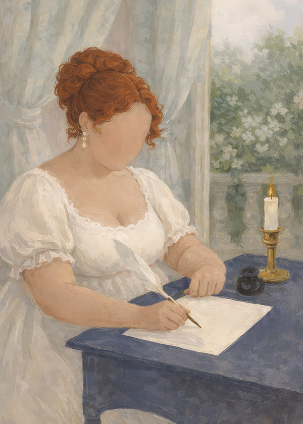 Illustration de dame écrivant à la bougie
